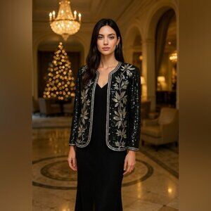 VTG 80s Sweelo Black Silver Sequin Glam Blazer Women’s Size Small